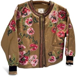Anthropologie Floral Needlepoint Oversized Boxy Bomber Boho Jacket - XS
